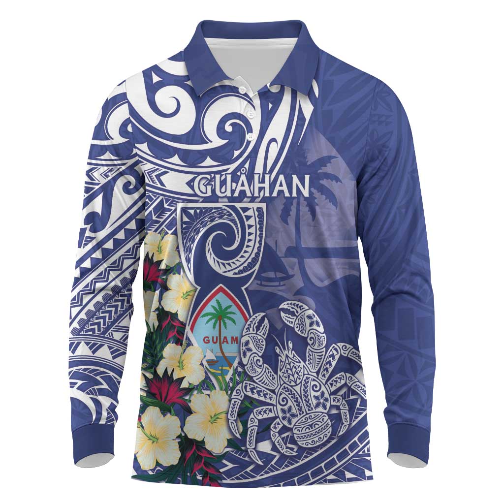 Personalised Hafa Adai Guam Long Sleeve Polo Shirt Latte Stone With Coconut Crab LT05 Blue - Polynesian Pride