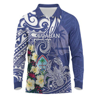 Personalised Hafa Adai Guam Long Sleeve Polo Shirt Latte Stone With Coconut Crab LT05 Blue - Polynesian Pride