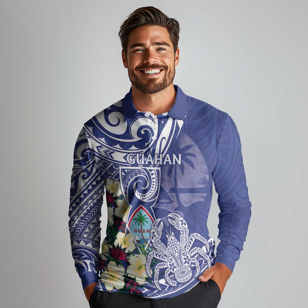 Personalised Hafa Adai Guam Long Sleeve Polo Shirt Latte Stone With Coconut Crab LT05 - Polynesian Pride