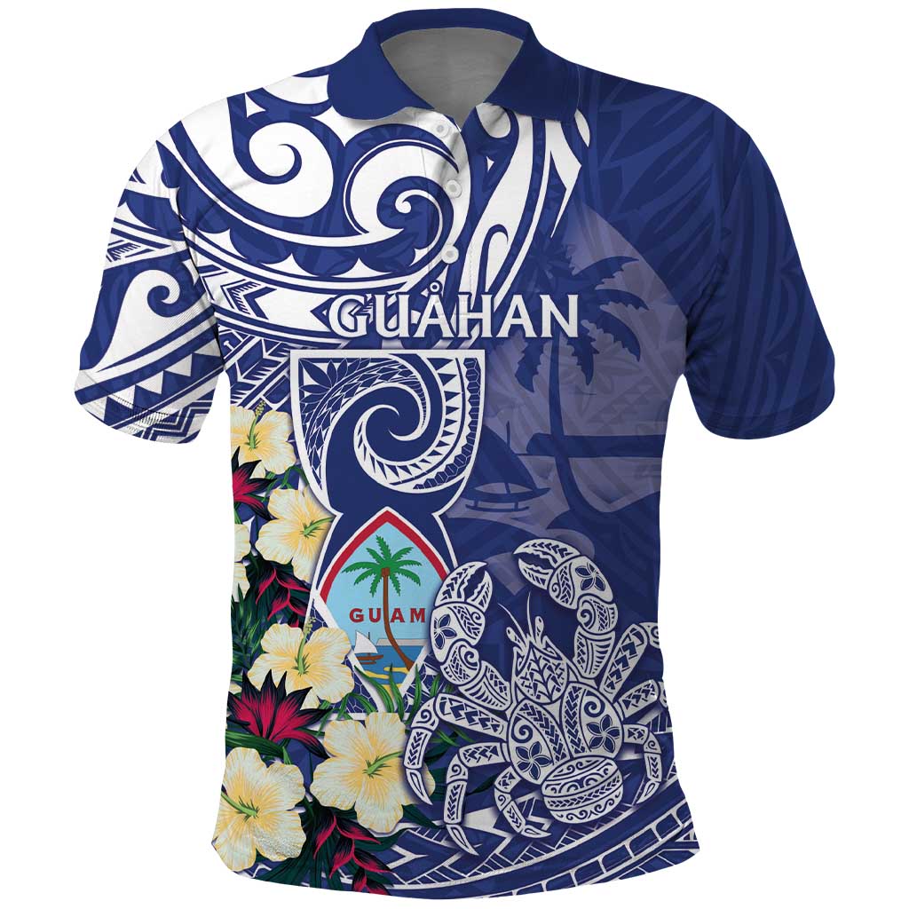 Personalised Hafa Adai Guam Polo Shirt Latte Stone With Coconut Crab LT05 Blue - Polynesian Pride