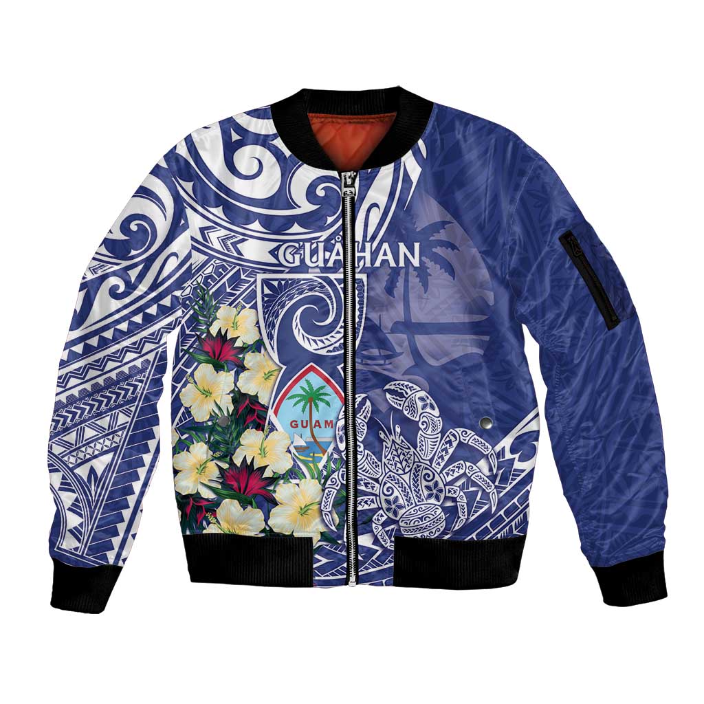 Personalised Hafa Adai Guam Sleeve Zip Bomber Jacket Latte Stone With Coconut Crab LT05 Unisex Blue - Polynesian Pride