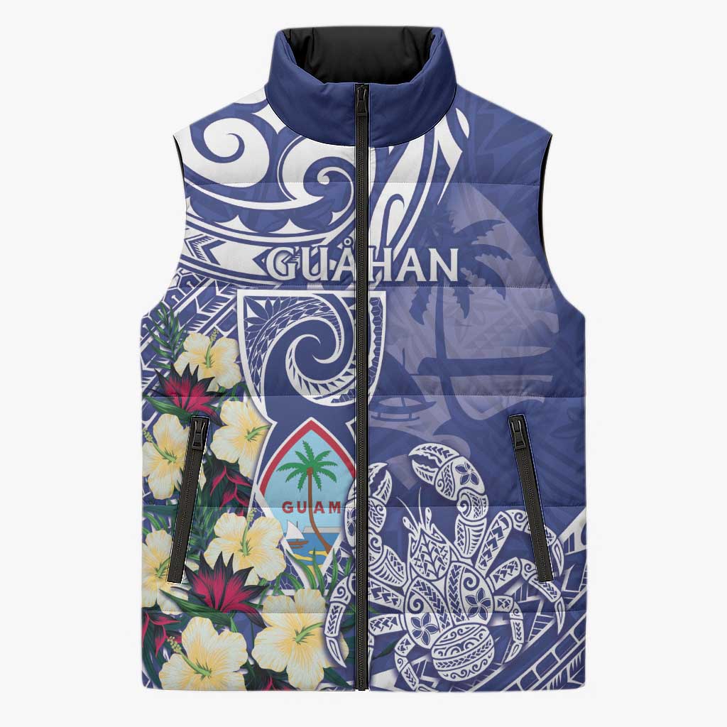 Personalised Hafa Adai Guam Sleeveless Puffer Jacket Latte Stone With Coconut Crab LT05 Unisex Blue - Polynesian Pride