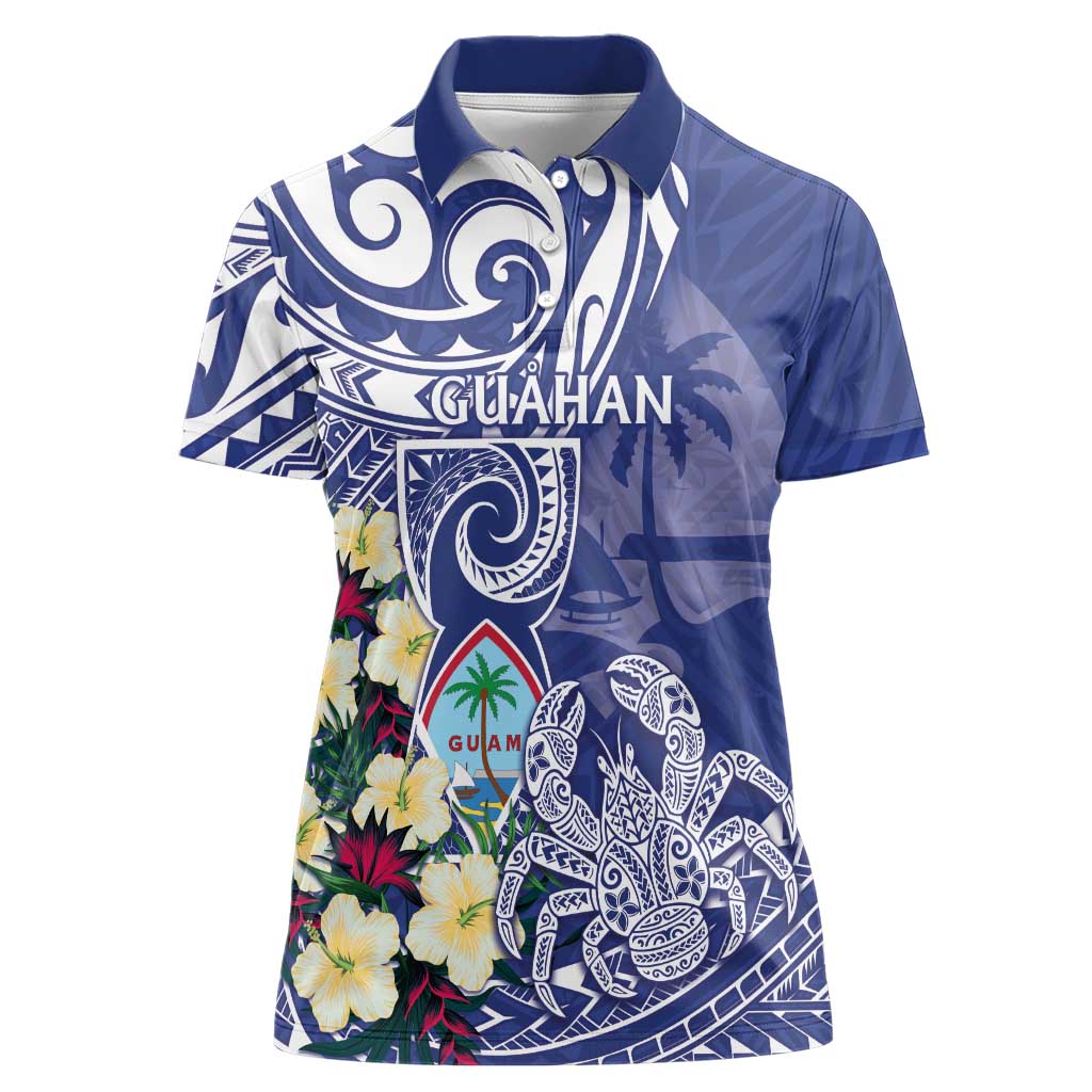 Personalised Hafa Adai Guam Women Polo Shirt Latte Stone With Coconut Crab LT05 Female Blue - Polynesian Pride