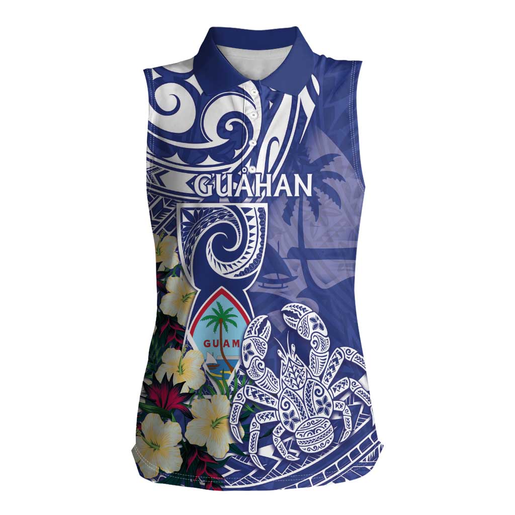 Personalised Hafa Adai Guam Women Sleeveless Polo Shirt Latte Stone With Coconut Crab LT05 Female Blue - Polynesian Pride