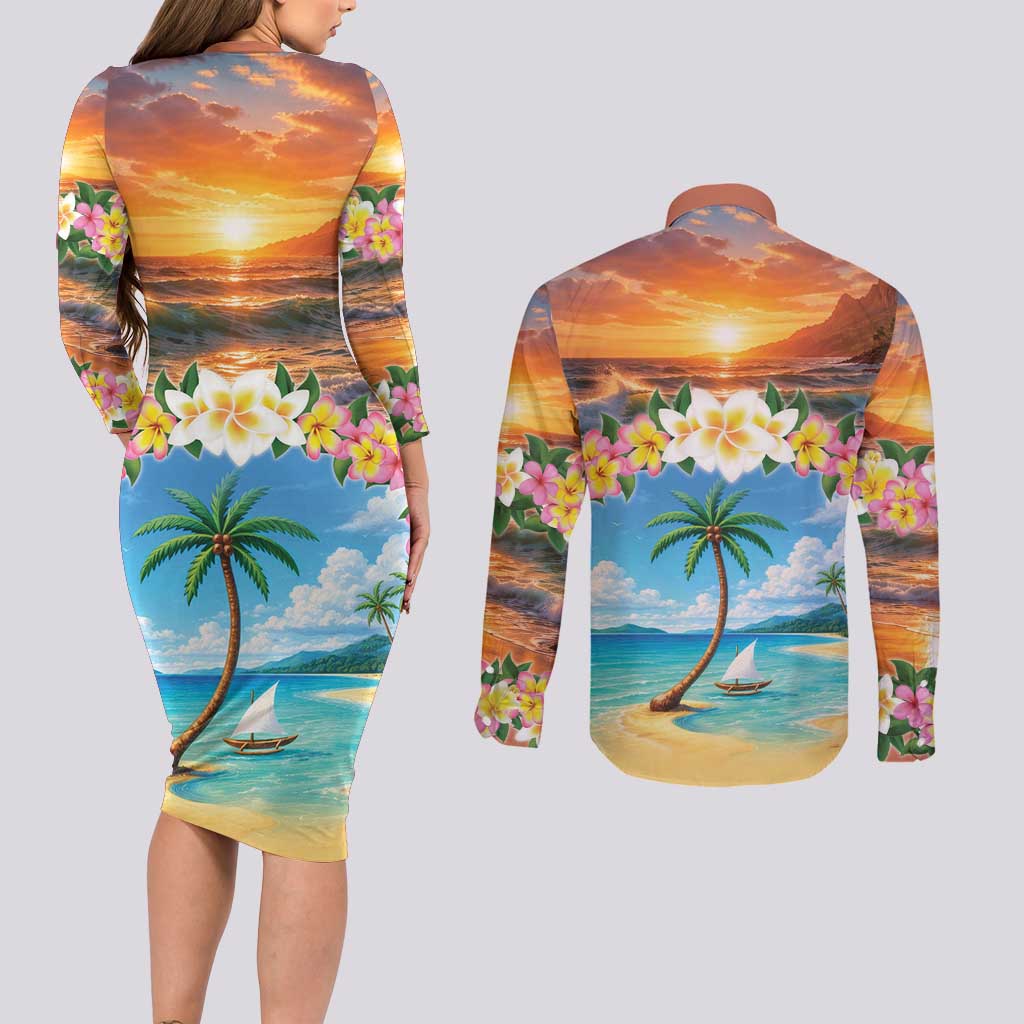 Guam Couples Matching Long Sleeve Bodycon Dress and Long Sleeve Button Shirt Eternal Summer Sunset Beach