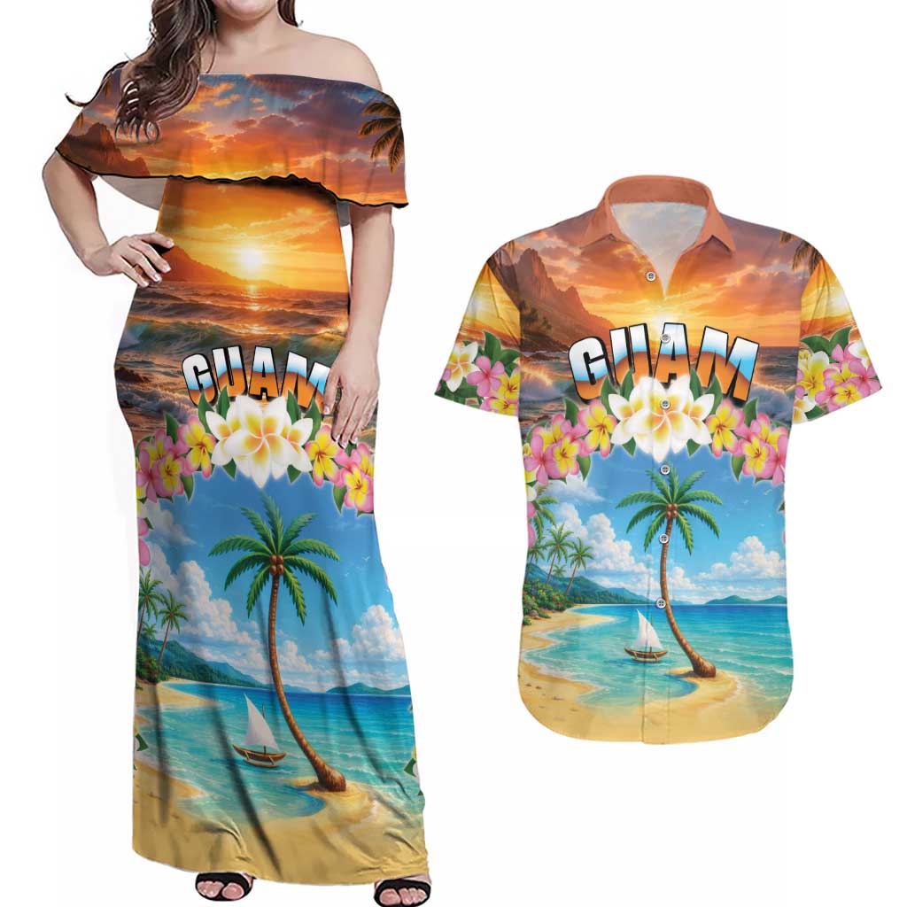 Guam Couples Matching Off Shoulder Maxi Dress and Hawaiian Shirt Eternal Summer Sunset Beach LT05 Colorful - Polynesian Pride