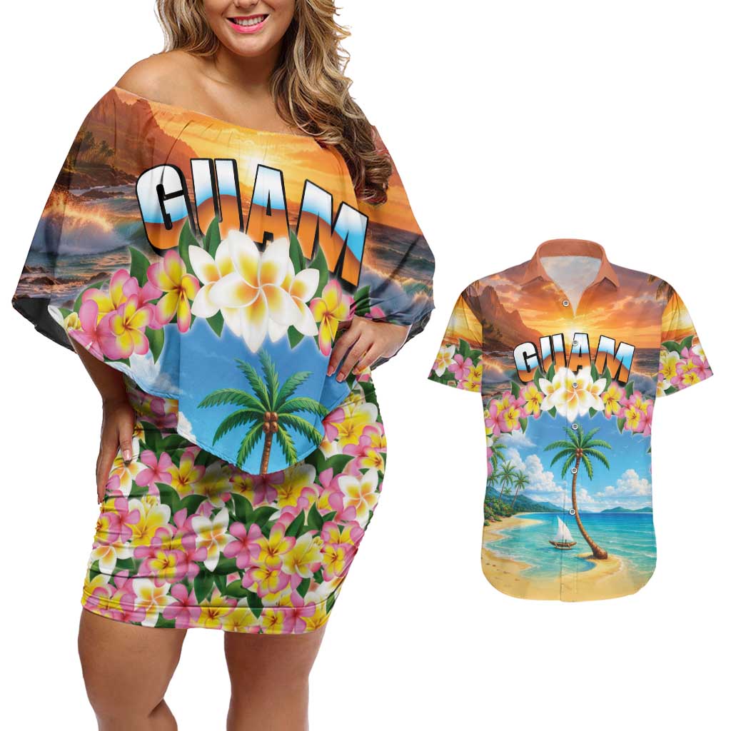 Guam Couples Matching Off Shoulder Short Dress and Hawaiian Shirt Eternal Summer Sunset Beach
