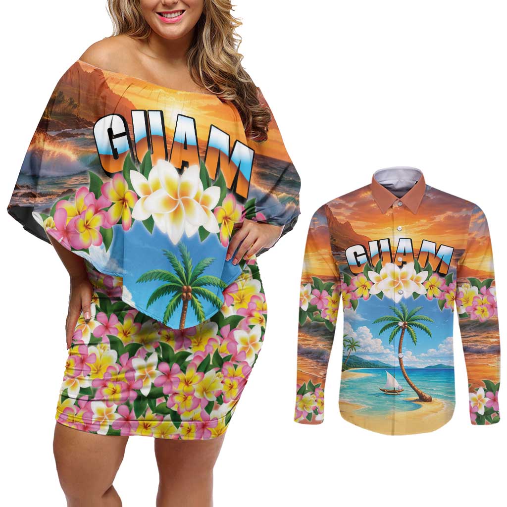 Guam Couples Matching Off Shoulder Short Dress and Long Sleeve Button Shirt Eternal Summer Sunset Beach