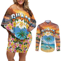 Guam Couples Matching Off Shoulder Short Dress and Long Sleeve Button Shirt Eternal Summer Sunset Beach LT05 Colorful - Polynesian Pride