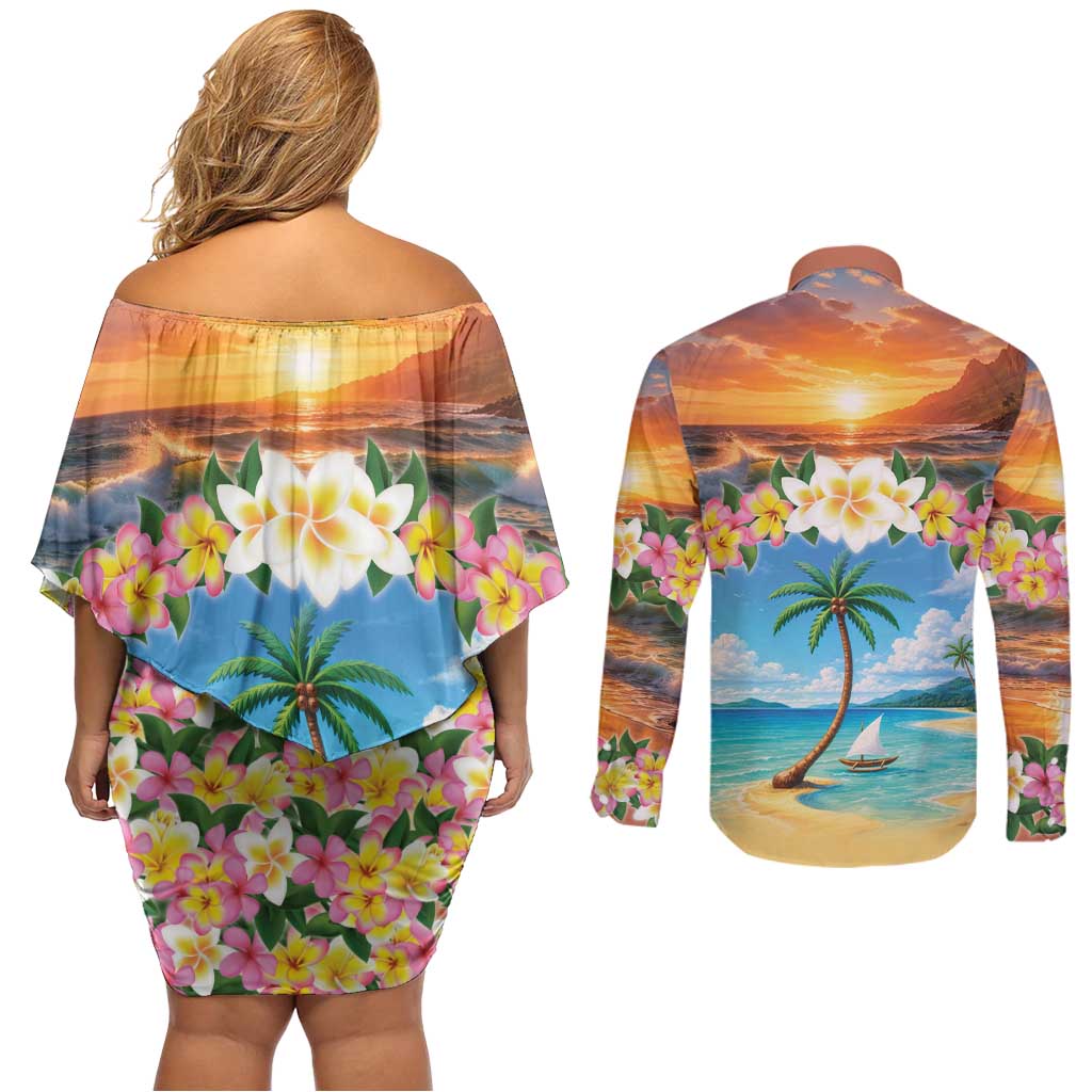 Guam Couples Matching Off Shoulder Short Dress and Long Sleeve Button Shirt Eternal Summer Sunset Beach LT05 - Polynesian Pride