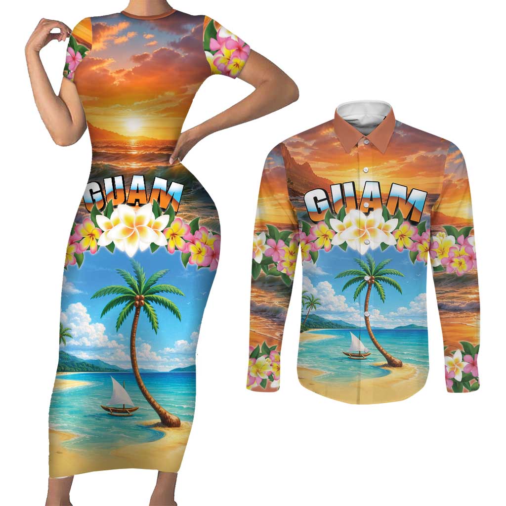 Guam Couples Matching Short Sleeve Bodycon Dress and Long Sleeve Button Shirt Eternal Summer Sunset Beach LT05 Colorful - Polynesian Pride