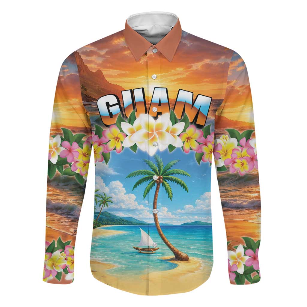 Guam Family Matching Off Shoulder Short Dress and Hawaiian Shirt Eternal Summer Sunset Beach LT05 Dad's Shirt - Long Sleeve Colorful - Polynesian Pride