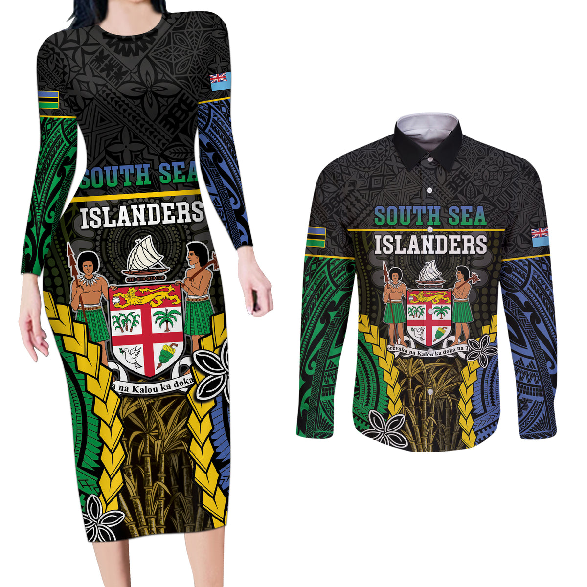 Personalised South Sea Islanders And Fiji Couples Matching Long Sleeve Bodycon Dress and Long Sleeve Button Shirt Kanakas Fijian Tapa Pattern