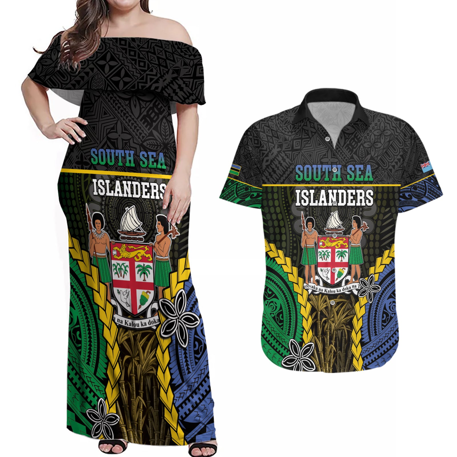 Personalised South Sea Islanders And Fiji Couples Matching Off Shoulder Maxi Dress and Hawaiian Shirt Kanakas Fijian Tapa Pattern