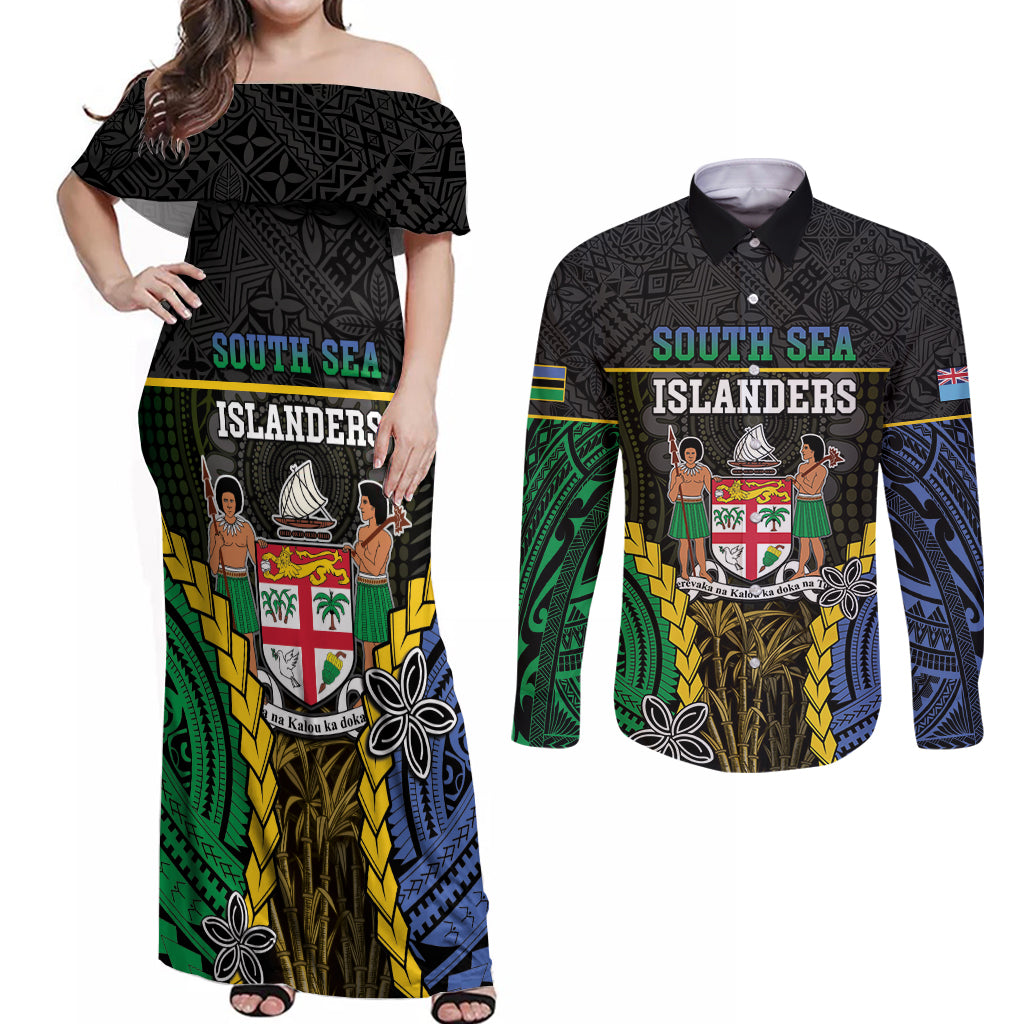 Personalised South Sea Islanders And Fiji Couples Matching Off Shoulder Maxi Dress and Long Sleeve Button Shirt Kanakas Fijian Tapa Pattern