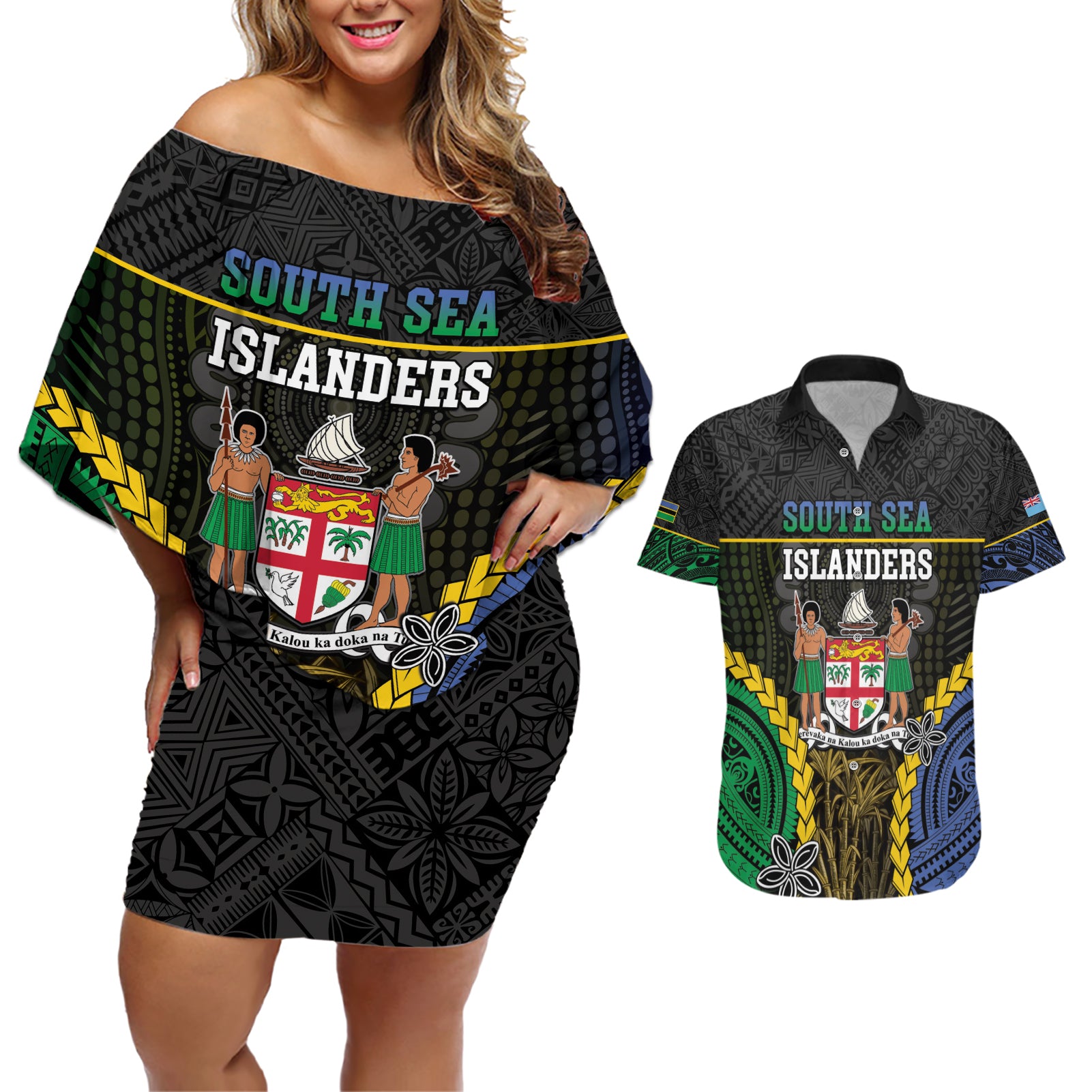 Personalised South Sea Islanders And Fiji Couples Matching Off Shoulder Short Dress and Hawaiian Shirt Kanakas Fijian Tapa Pattern