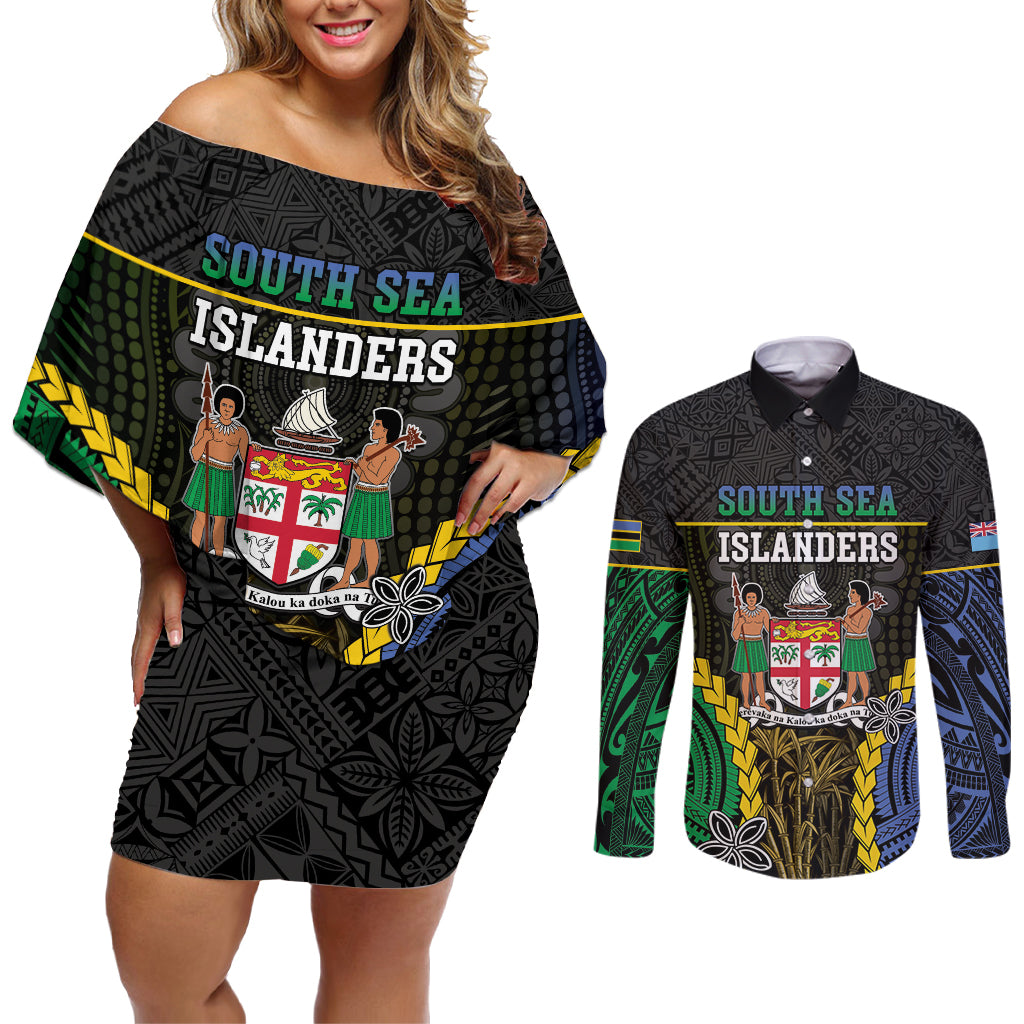Personalised South Sea Islanders And Fiji Couples Matching Off Shoulder Short Dress and Long Sleeve Button Shirt Kanakas Fijian Tapa Pattern