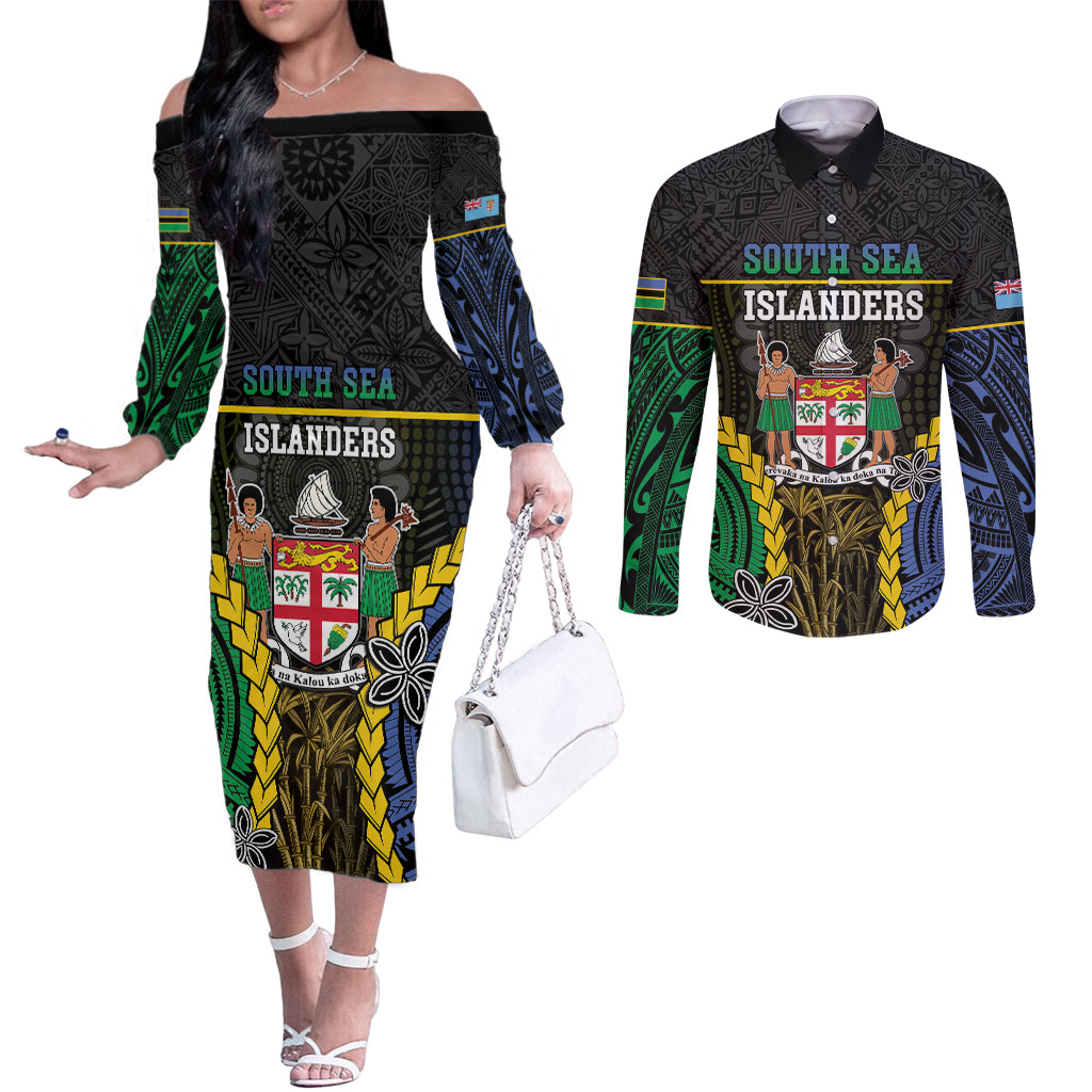 Personalised South Sea Islanders And Fiji Couples Matching Off The Shoulder Long Sleeve Dress and Long Sleeve Button Shirt Kanakas Fijian Tapa Pattern