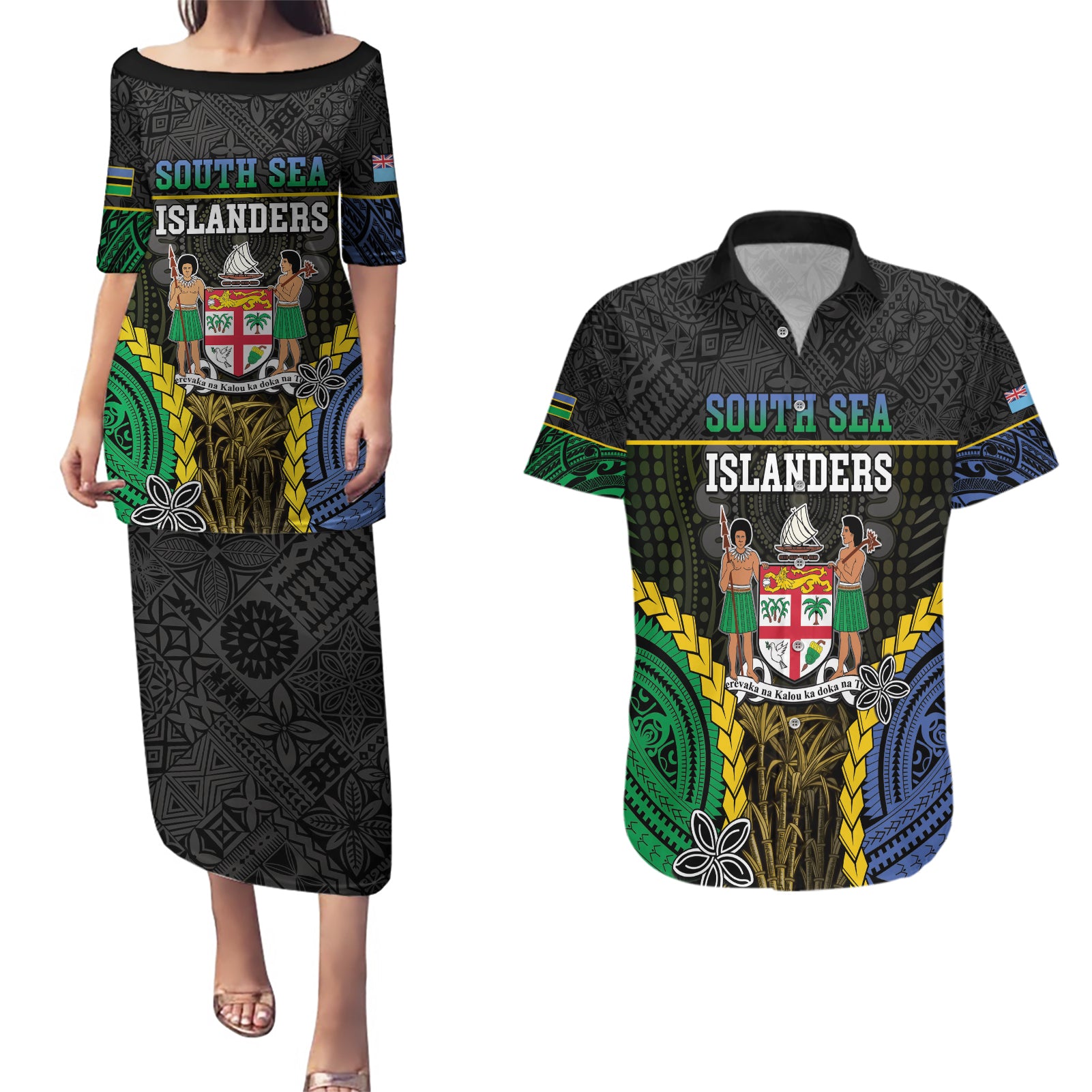 Personalised South Sea Islanders And Fiji Couples Matching Puletasi and Hawaiian Shirt Kanakas Fijian Tapa Pattern