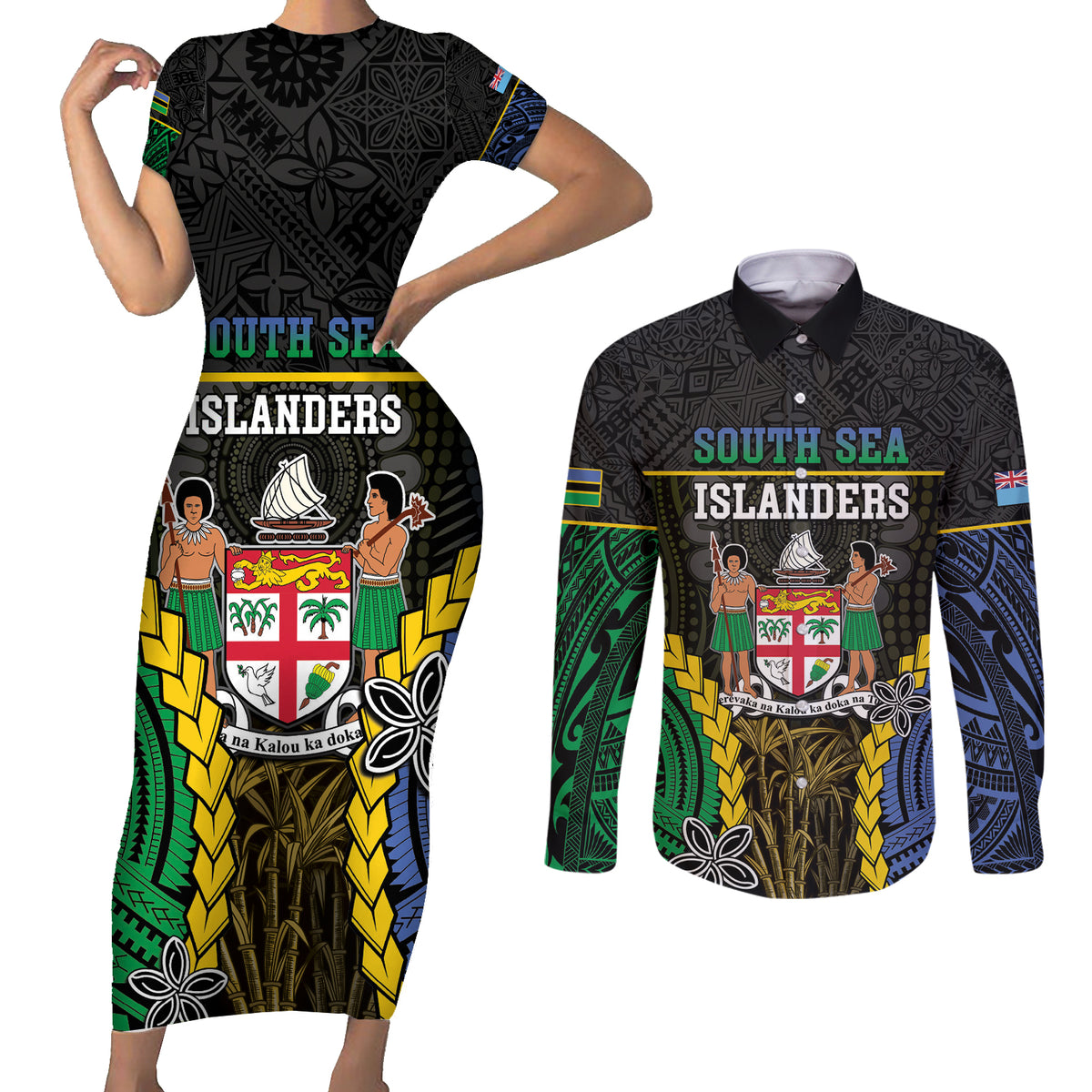 Personalised South Sea Islanders And Fiji Couples Matching Short Sleeve Bodycon Dress and Long Sleeve Button Shirt Kanakas Fijian Tapa Pattern