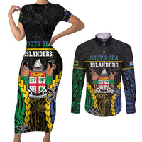 Personalised South Sea Islanders And Fiji Couples Matching Short Sleeve Bodycon Dress and Long Sleeve Button Shirt Kanakas Fijian Tapa Pattern