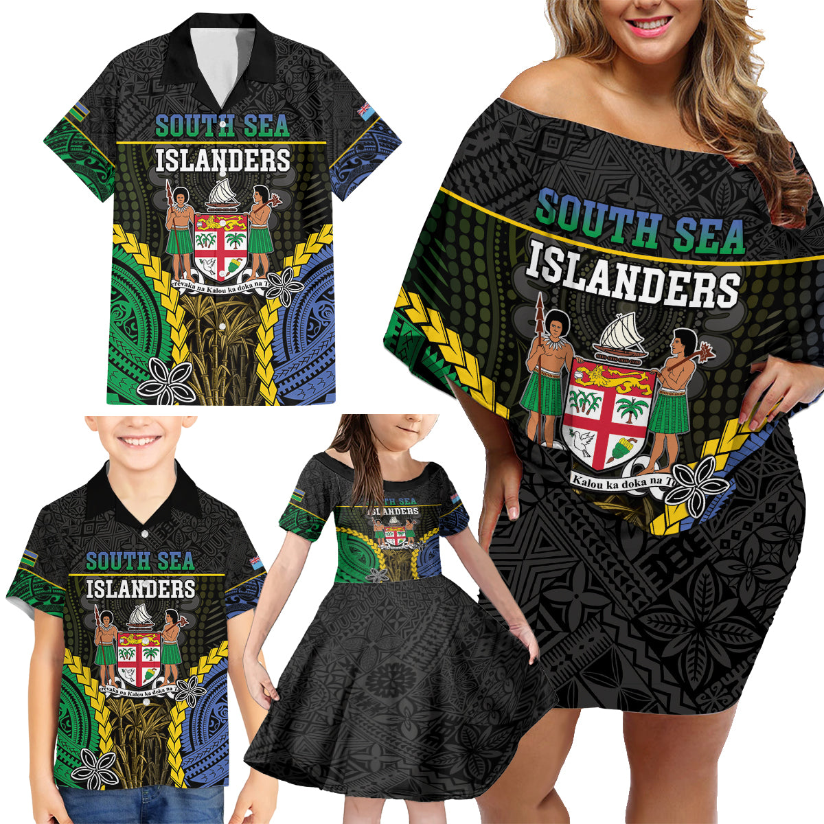 Personalised South Sea Islanders And Fiji Family Matching Off Shoulder Short Dress and Hawaiian Shirt Kanakas Fijian Tapa Pattern