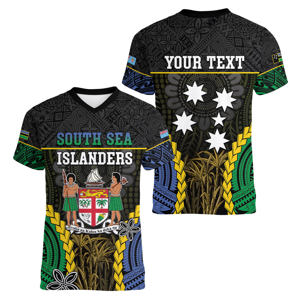 Personalised South Sea Islanders And Fiji Women V-Neck T-Shirt Kanakas Fijian Tapa Pattern