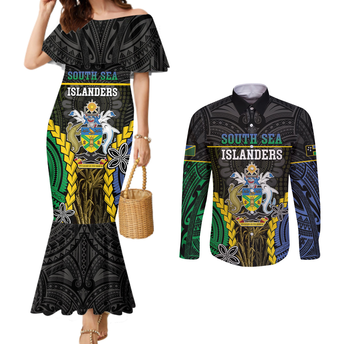 Personalised South Sea Islanders And Solomon Islands Couples Matching Mermaid Dress and Long Sleeve Button Shirt Kanakas Polynesian Pattern