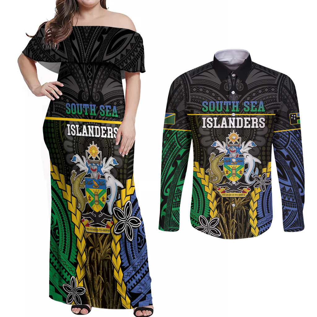 Personalised South Sea Islanders And Solomon Islands Couples Matching Off Shoulder Maxi Dress and Long Sleeve Button Shirt Kanakas Polynesian Pattern LT05 Black - Polynesian Pride