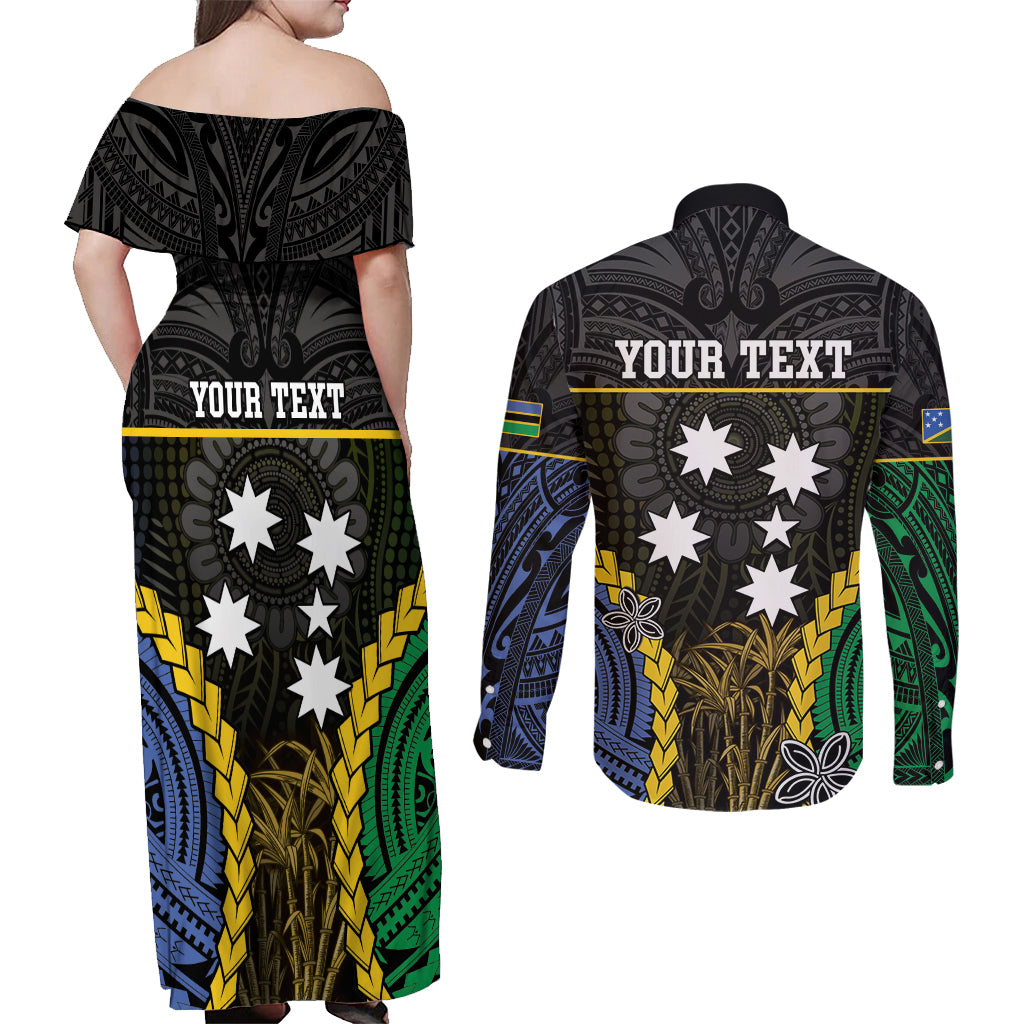 Personalised South Sea Islanders And Solomon Islands Couples Matching Off Shoulder Maxi Dress and Long Sleeve Button Shirt Kanakas Polynesian Pattern LT05 - Polynesian Pride