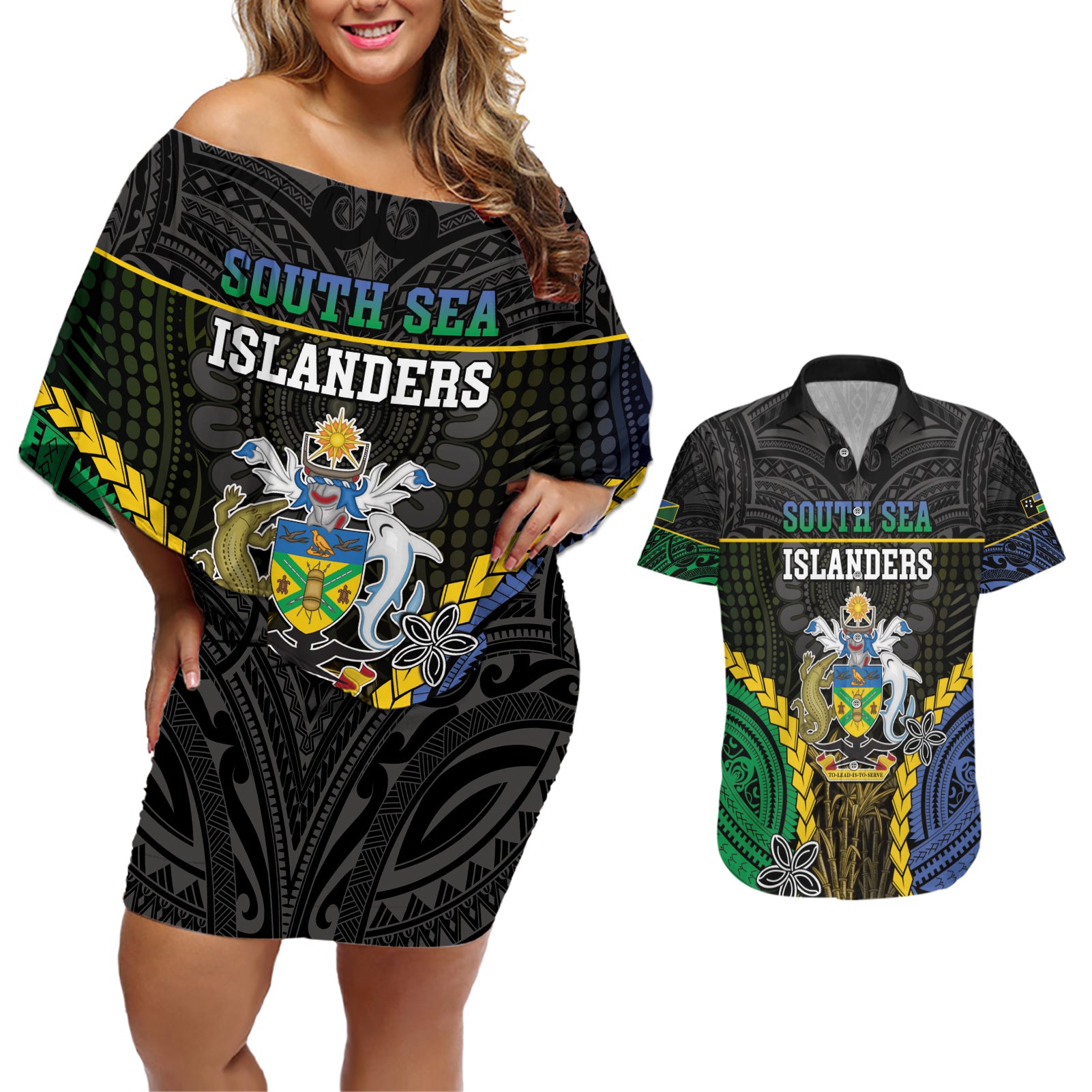 Personalised South Sea Islanders And Solomon Islands Couples Matching Off Shoulder Short Dress and Hawaiian Shirt Kanakas Polynesian Pattern