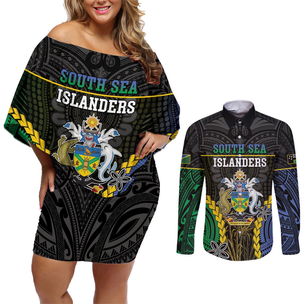 Personalised South Sea Islanders And Solomon Islands Couples Matching Off Shoulder Short Dress and Long Sleeve Button Shirt Kanakas Polynesian Pattern LT05 Black - Polynesian Pride