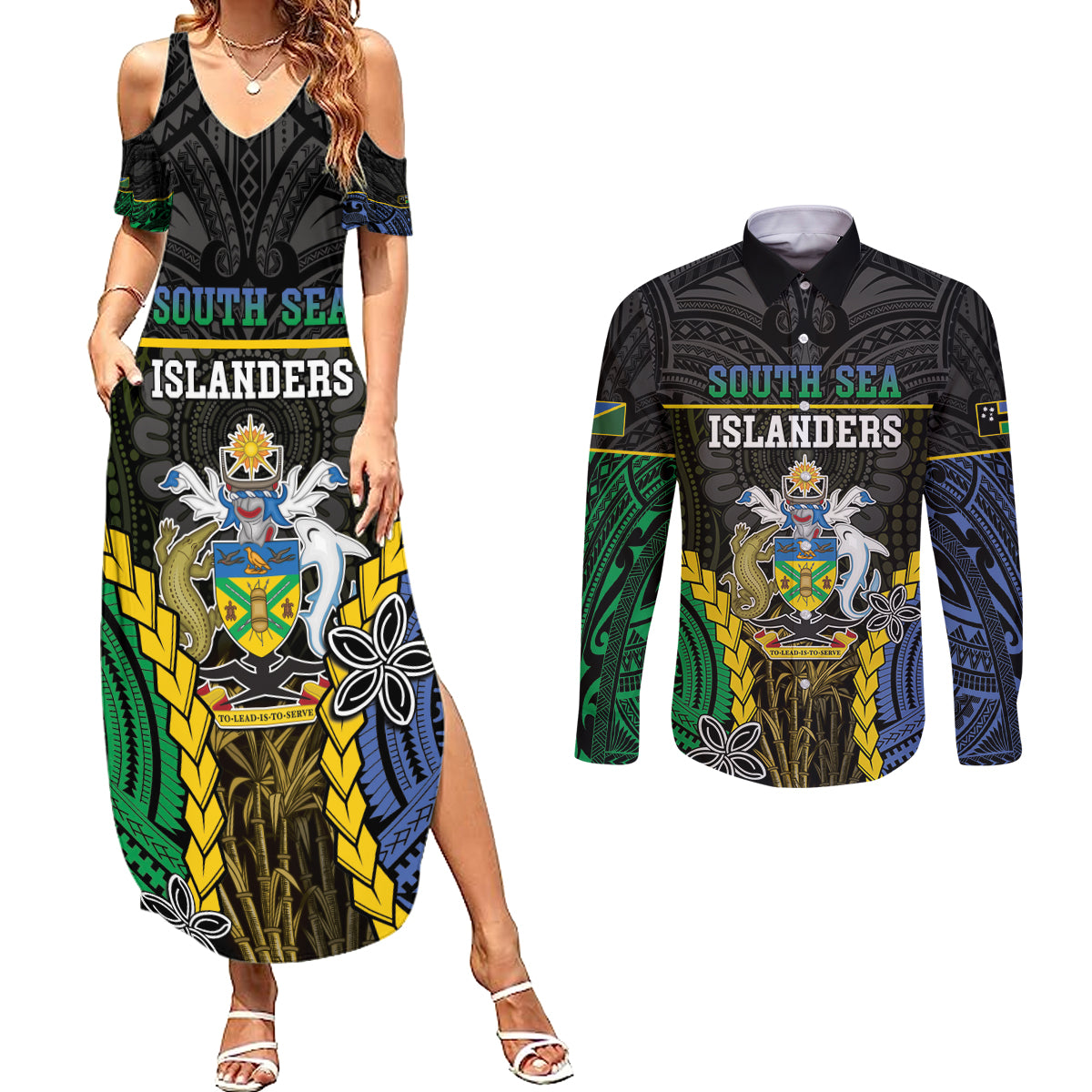 Personalised South Sea Islanders And Solomon Islands Couples Matching Summer Maxi Dress and Long Sleeve Button Shirt Kanakas Polynesian Pattern