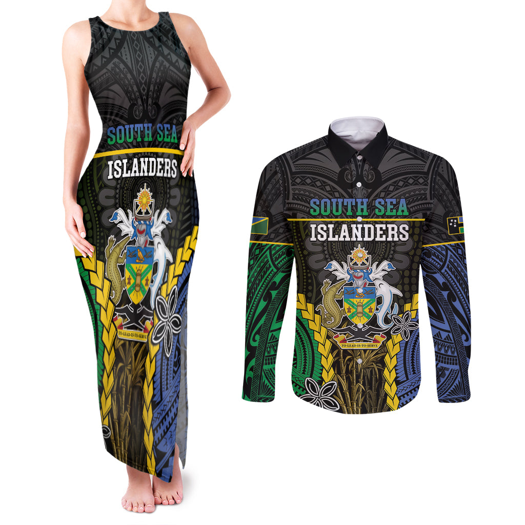 Personalised South Sea Islanders And Solomon Islands Couples Matching Tank Maxi Dress and Long Sleeve Button Shirt Kanakas Polynesian Pattern LT05 Black - Polynesian Pride