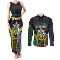 Personalised South Sea Islanders And Solomon Islands Couples Matching Tank Maxi Dress and Long Sleeve Button Shirt Kanakas Polynesian Pattern LT05 Black - Polynesian Pride