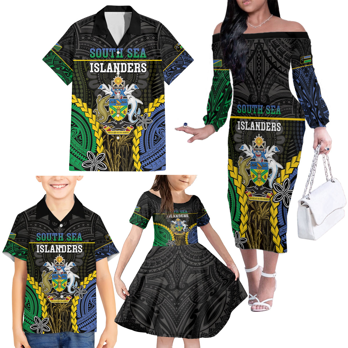 Personalised South Sea Islanders And Solomon Islands Family Matching Off The Shoulder Long Sleeve Dress and Hawaiian Shirt Kanakas Polynesian Pattern