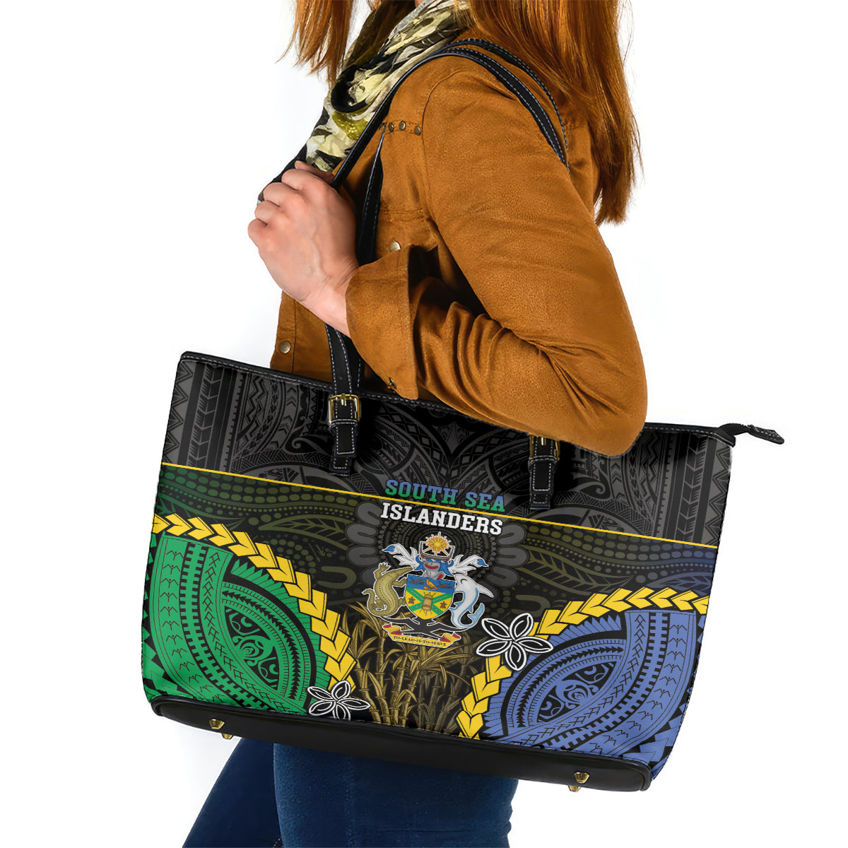 South Sea Islanders And Solomon Islands Leather Tote Bag Kanakas Polynesian Pattern LT05 Black - Polynesian Pride