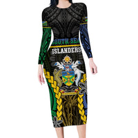 Personalised South Sea Islanders And Solomon Islands Long Sleeve Bodycon Dress Kanakas Polynesian Pattern LT05 Long Dress Black - Polynesian Pride