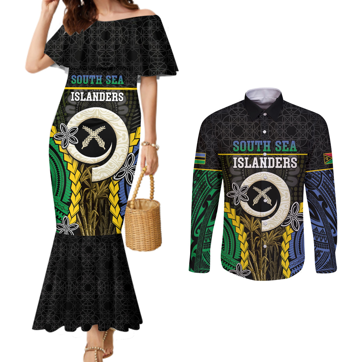 Personalised South Sea Islanders And Vanuatu Couples Matching Mermaid Dress and Long Sleeve Button Shirt Kanakas Sand Drawing Pattern