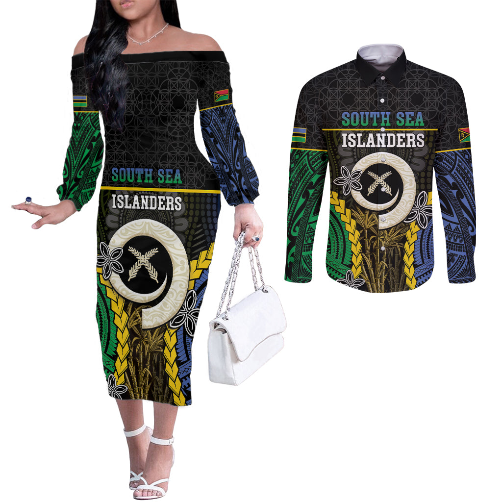 Personalised South Sea Islanders And Vanuatu Couples Matching Off The Shoulder Long Sleeve Dress and Long Sleeve Button Shirt Kanakas Sand Drawing Pattern