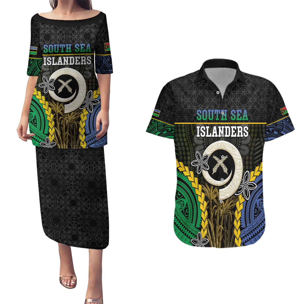 Personalised South Sea Islanders And Vanuatu Couples Matching Puletasi and Hawaiian Shirt Kanakas Sand Drawing Pattern