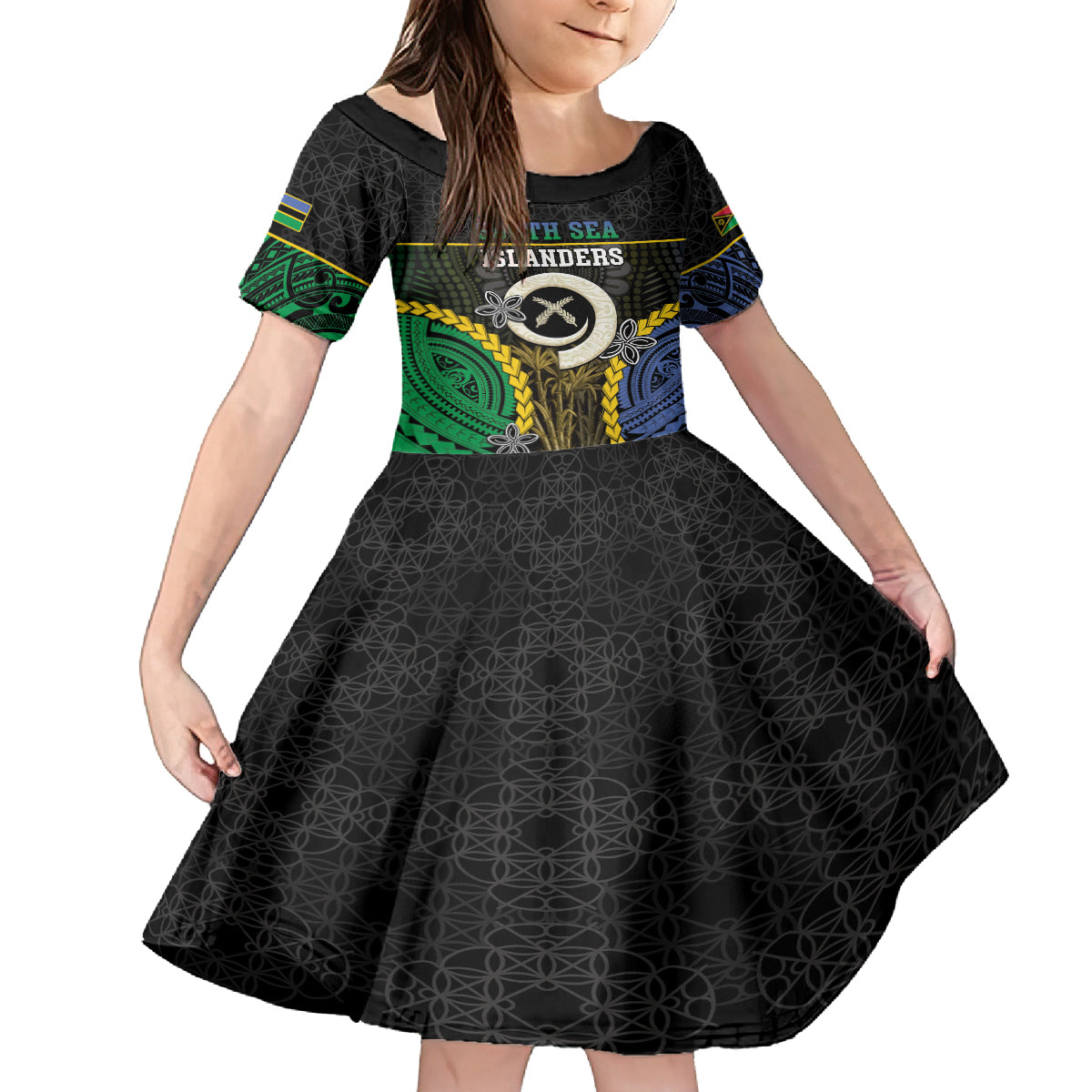 Personalised South Sea Islanders And Vanuatu Kid Short Sleeve Dress Kanakas Sand Drawing Pattern LT05 KID Black - Polynesian Pride
