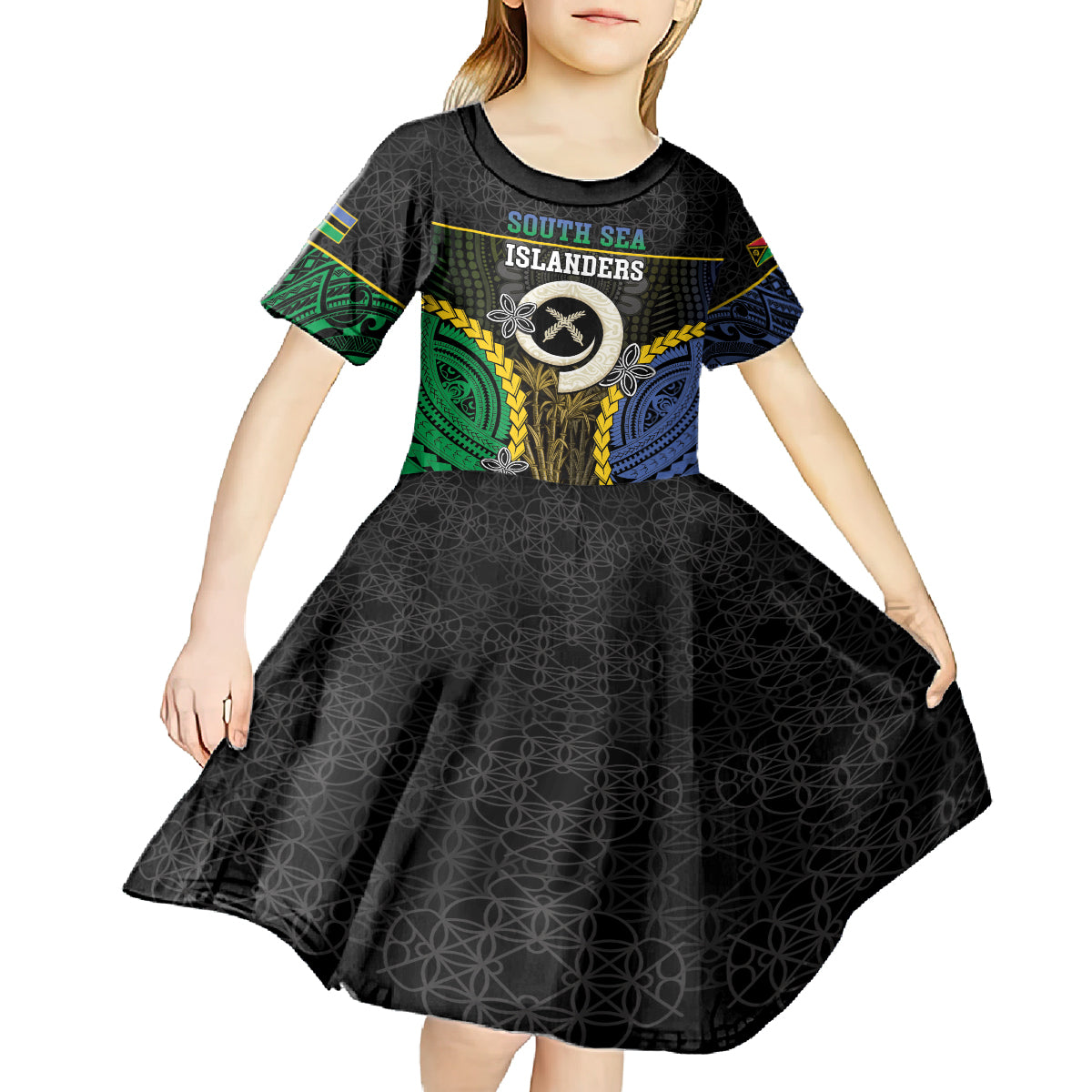 Personalised South Sea Islanders And Vanuatu Kid Short Sleeve Dress Kanakas Sand Drawing Pattern LT05 - Polynesian Pride