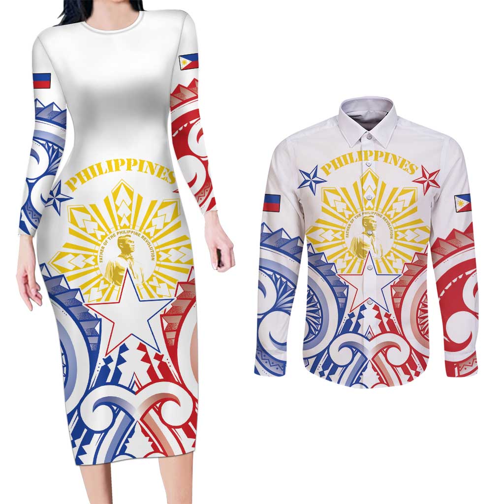 Philippines Couples Matching Long Sleeve Bodycon Dress and Long Sleeve Button Shirt Katipunan Andres Bonifacio LT05 White - Polynesian Pride