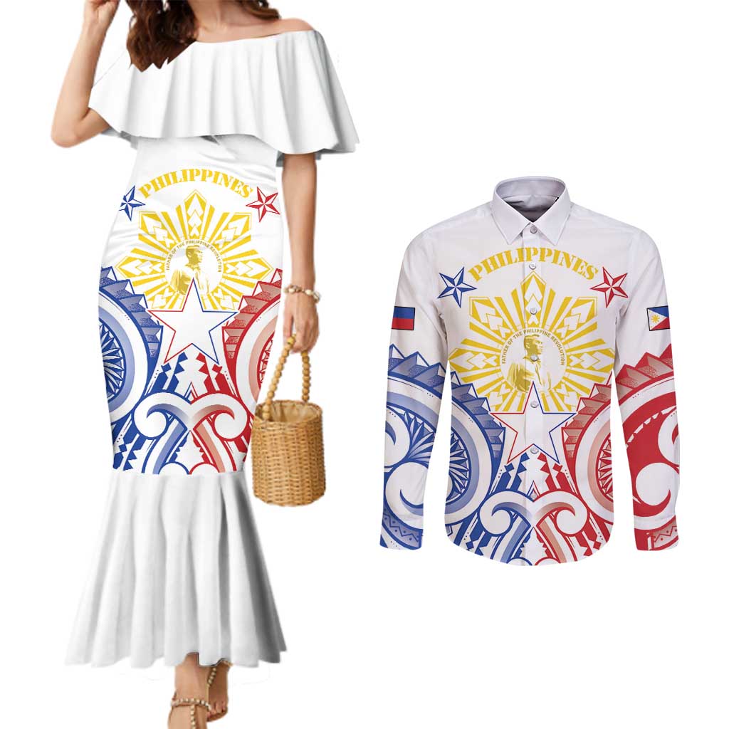 Philippines Couples Matching Mermaid Dress and Long Sleeve Button Shirt Katipunan Andres Bonifacio LT05 White - Polynesian Pride