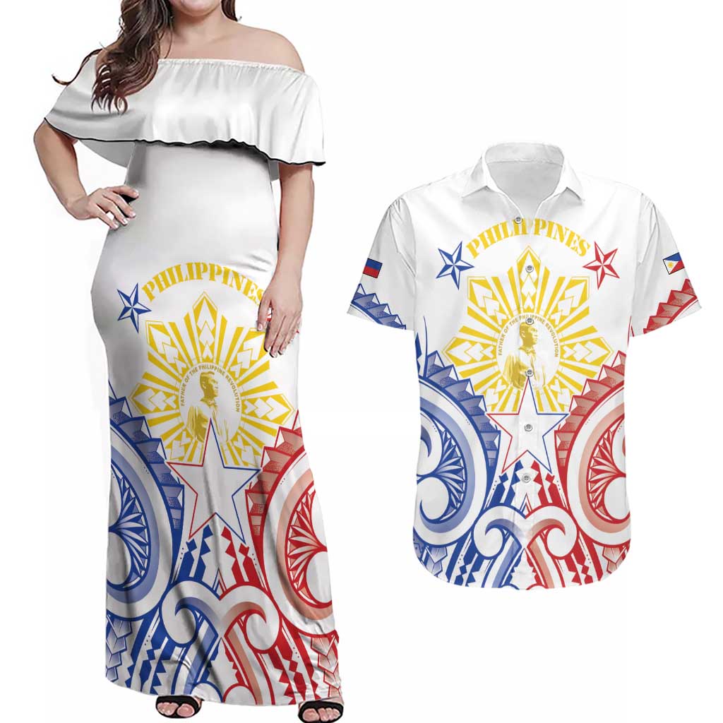 Philippines Couples Matching Off Shoulder Maxi Dress and Hawaiian Shirt Katipunan Andres Bonifacio LT05 White - Polynesian Pride