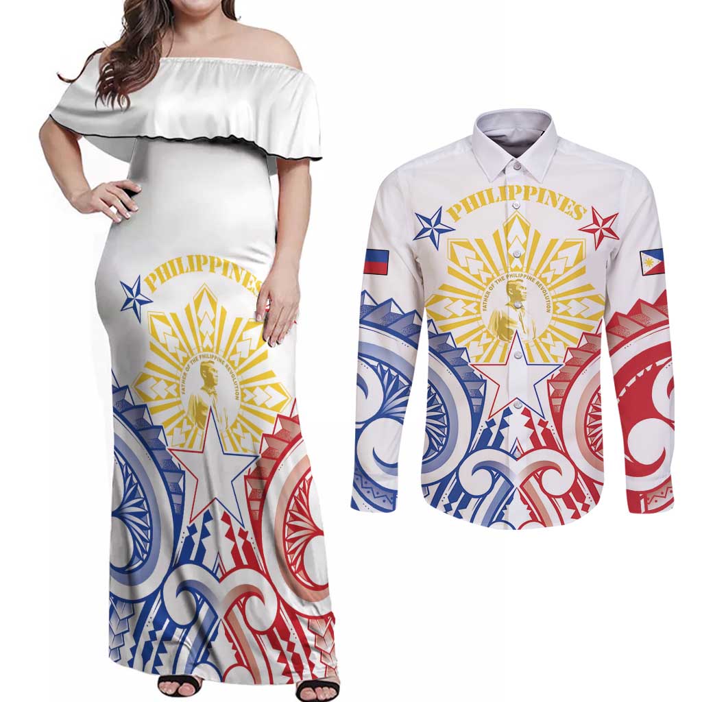 Philippines Couples Matching Off Shoulder Maxi Dress and Long Sleeve Button Shirt Katipunan Andres Bonifacio LT05 White - Polynesian Pride
