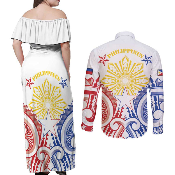 Polynesian Hawaii Couples Off Shoulder Maxi Dress and Long Sleeve Button Shirts Lanai Islands with Pacific Plumeria White Vibe LT9 main image 1