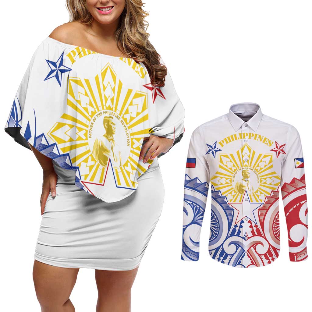 Philippines Couples Matching Off Shoulder Short Dress and Long Sleeve Button Shirt Katipunan Andres Bonifacio LT05 White - Polynesian Pride