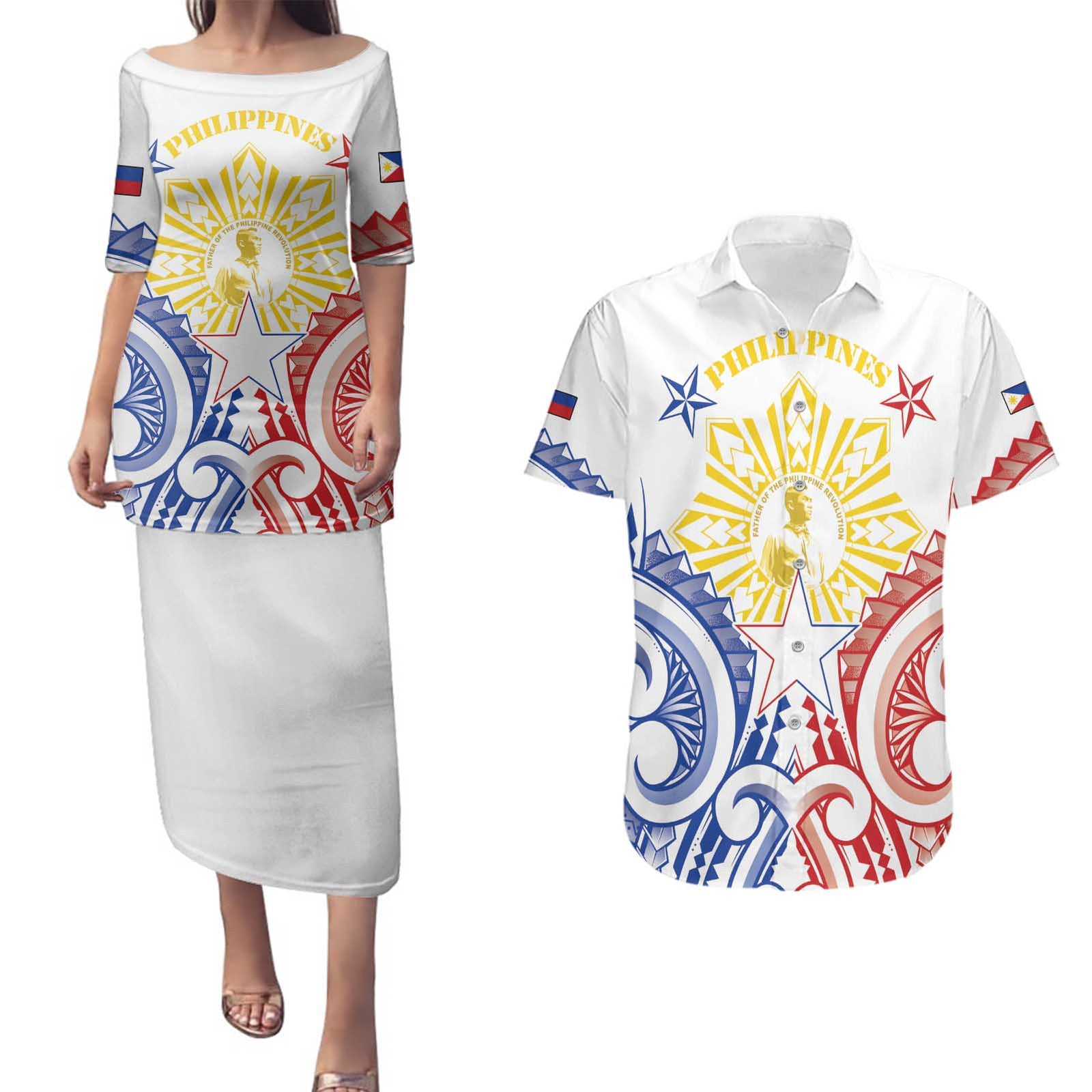 Philippines Couples Matching Puletasi and Hawaiian Shirt Katipunan Andres Bonifacio LT05 White - Polynesian Pride
